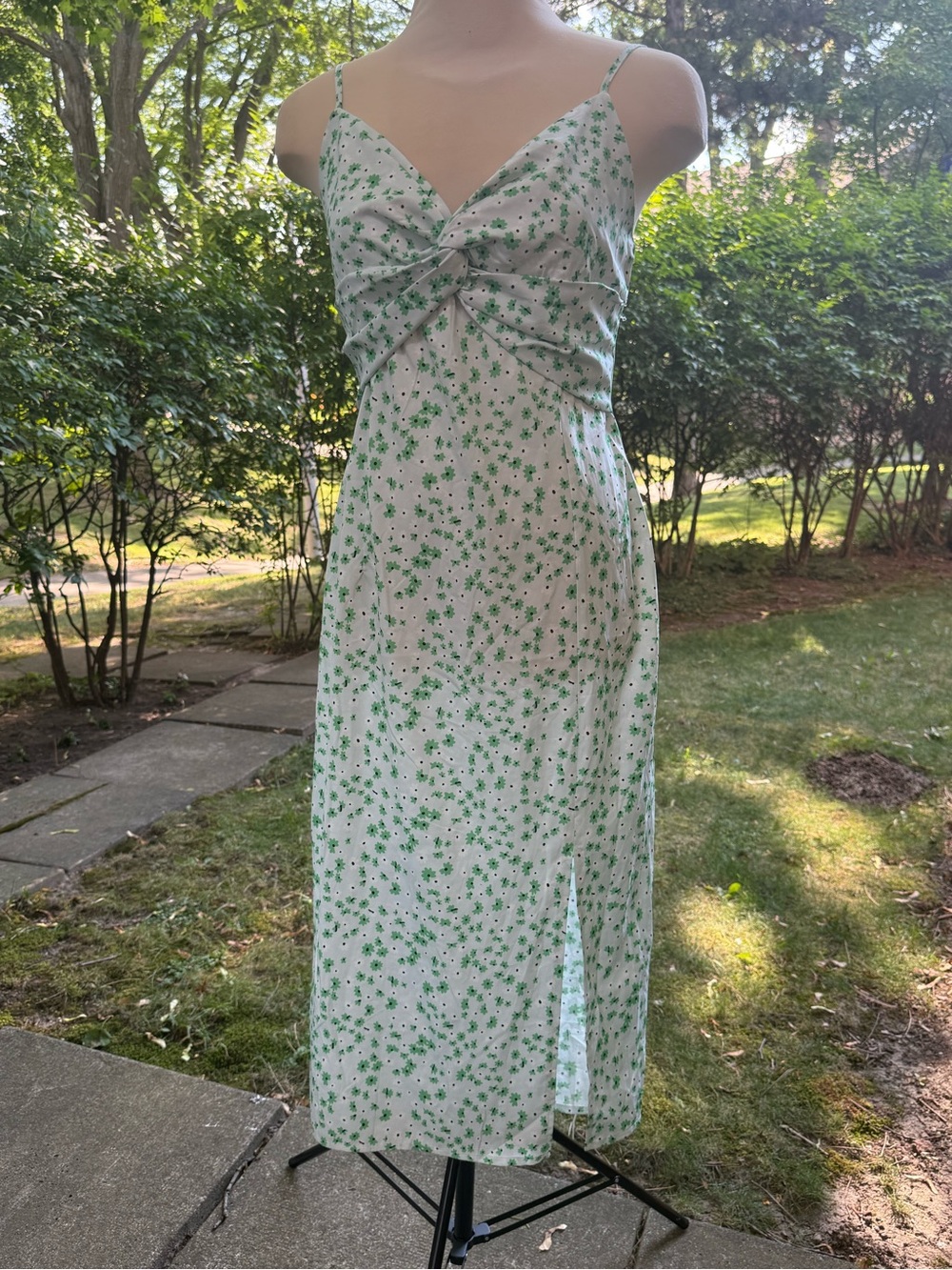 Blue and Green Floral Twist-Front Spaghetti Strap Dress